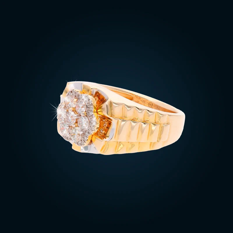 Anillo Estilo Presidente en Oro Amarillo con Flor de Diamantes