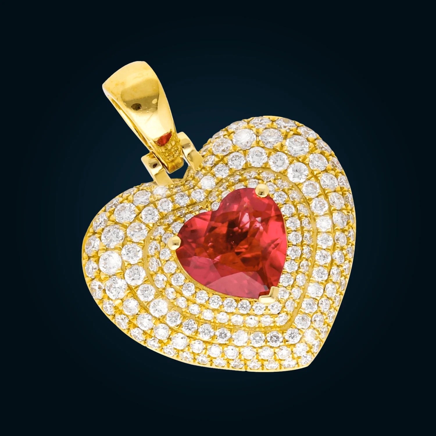 Yellow Gold Heart Pendant with Synthetic Ruby and Diamonds