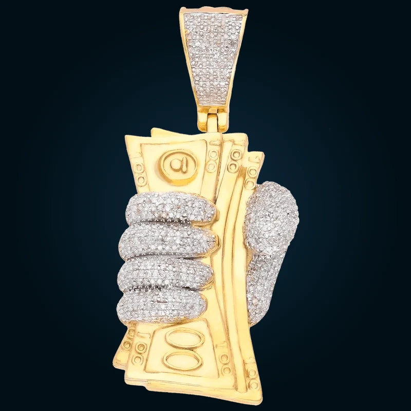 Yellow Gold Hand Holding Bills Pendant with Diamonds