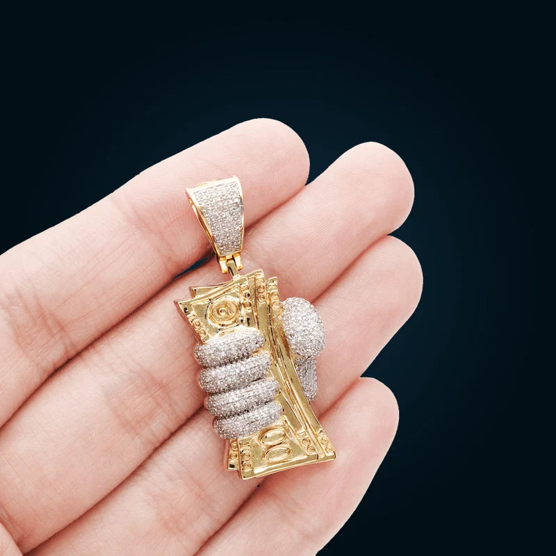 Yellow Gold Hand Holding Bills Pendant with Diamonds