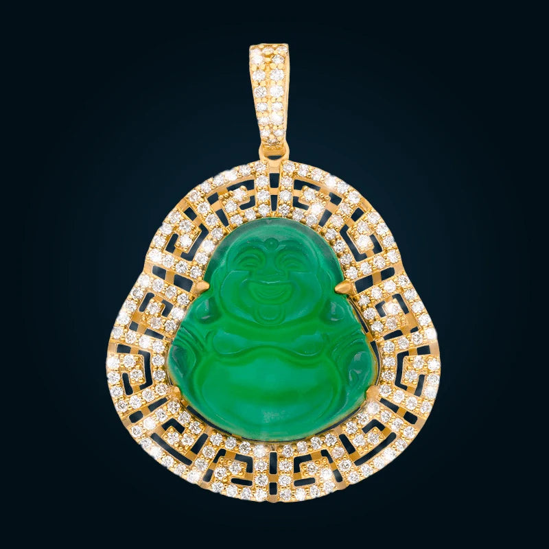 Dije Buda de Jade con Grega de Oro Amarillo con Diamantes