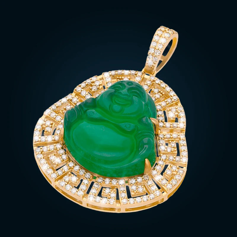 Dije Buda de Jade con Grega de Oro Amarillo con Diamantes