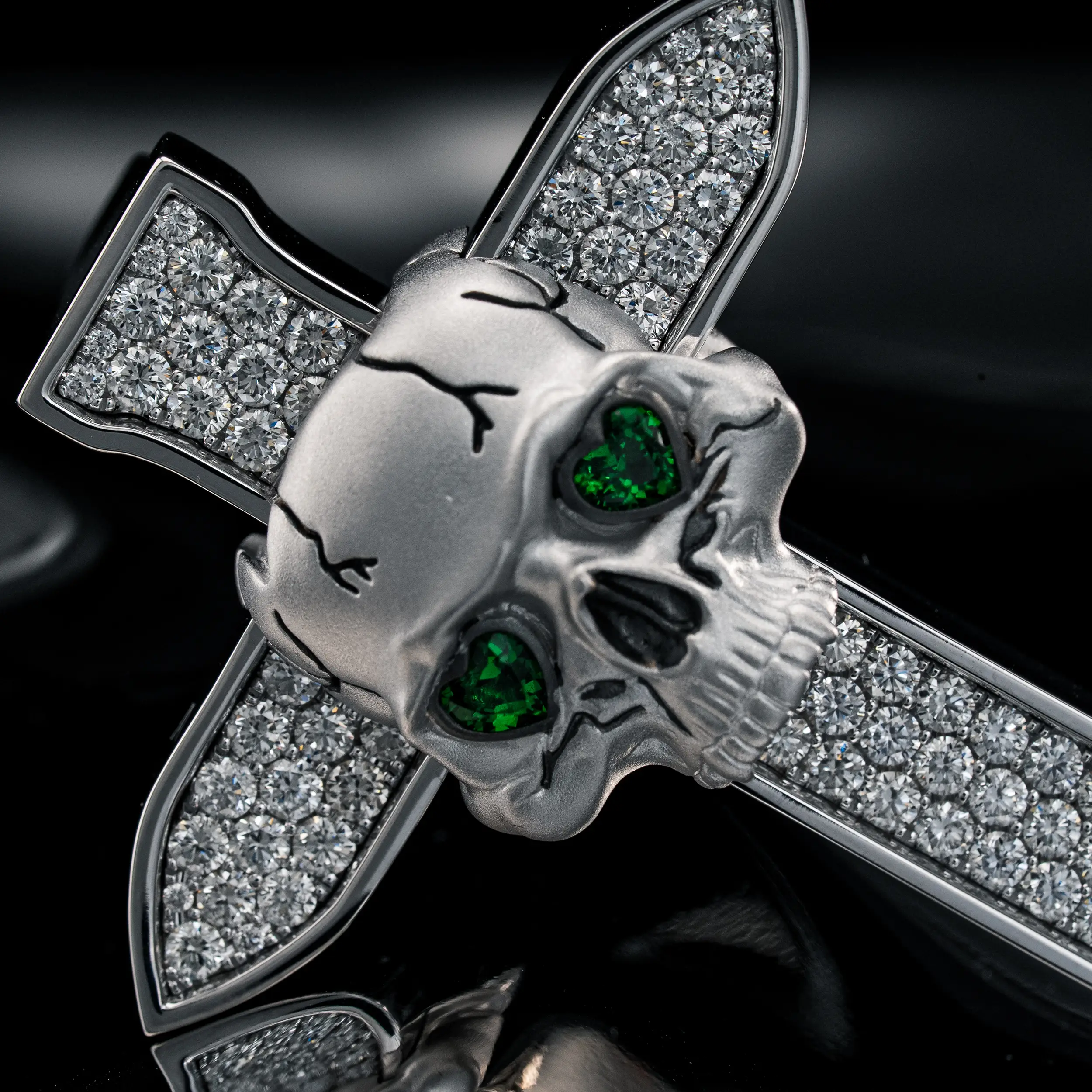 Resurrection Skull Cross Pendant in White Gold with Diamonds and Tsavorites