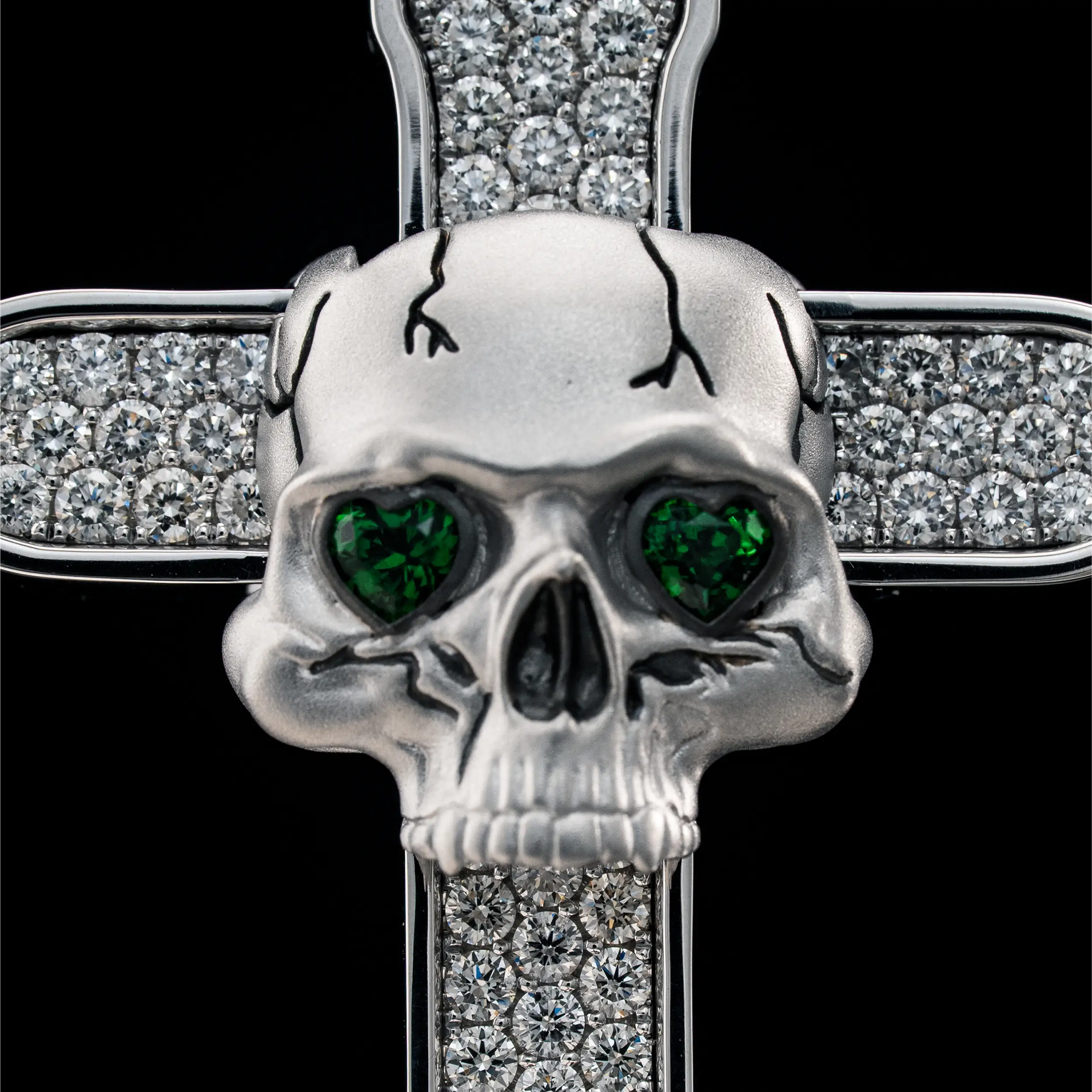 Resurrection Skull Cross Pendant in White Gold with Diamonds and Tsavorites