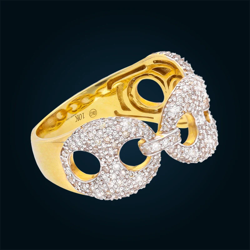 Double Link Yellow Gold Ring with Pavé-Set Diamonds