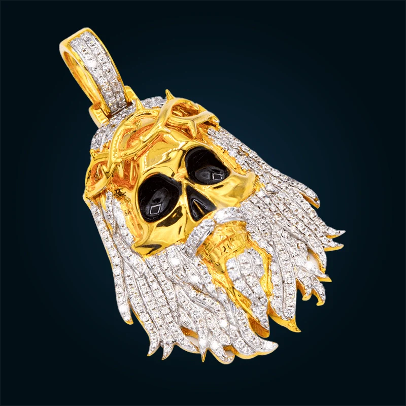 Yellow Gold Jesus Skull Pendant with Diamonds