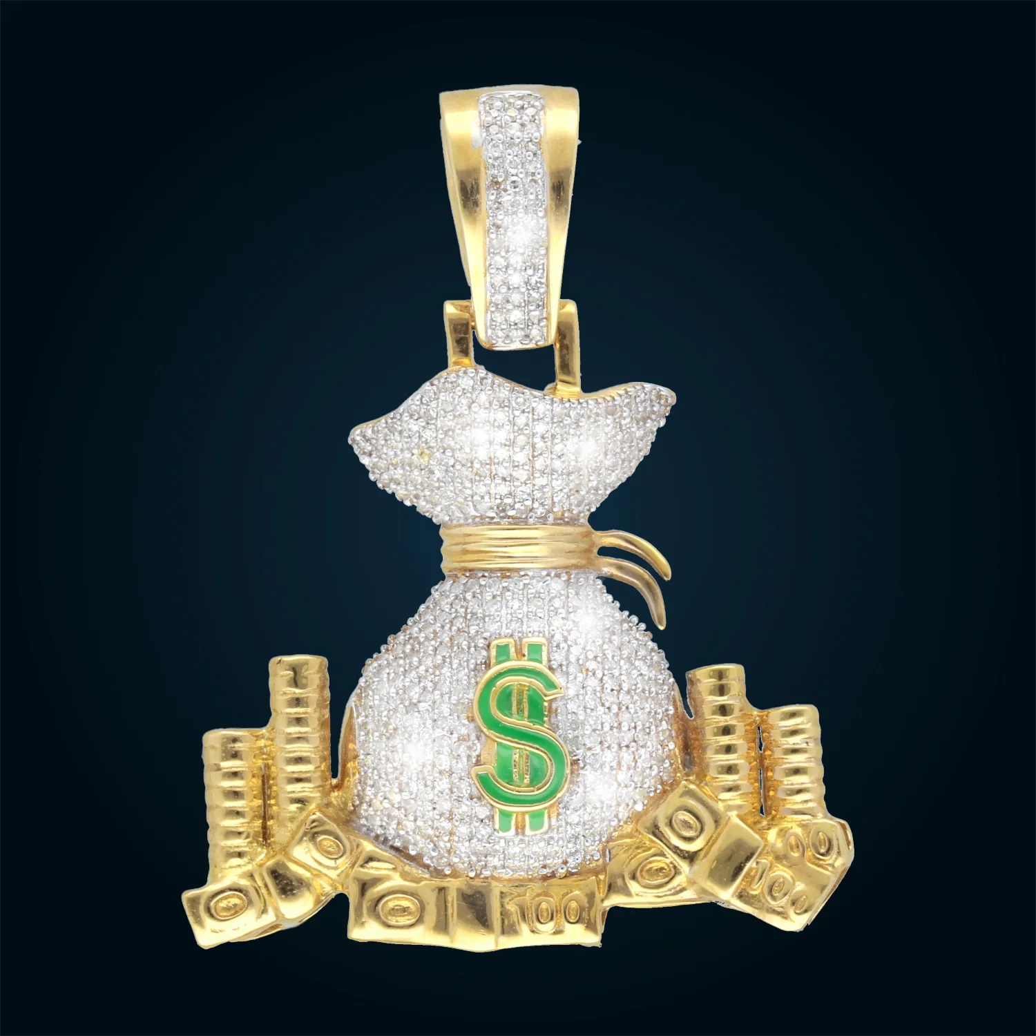 Yellow Gold Money Bag with Coins Pendant and Diamonds