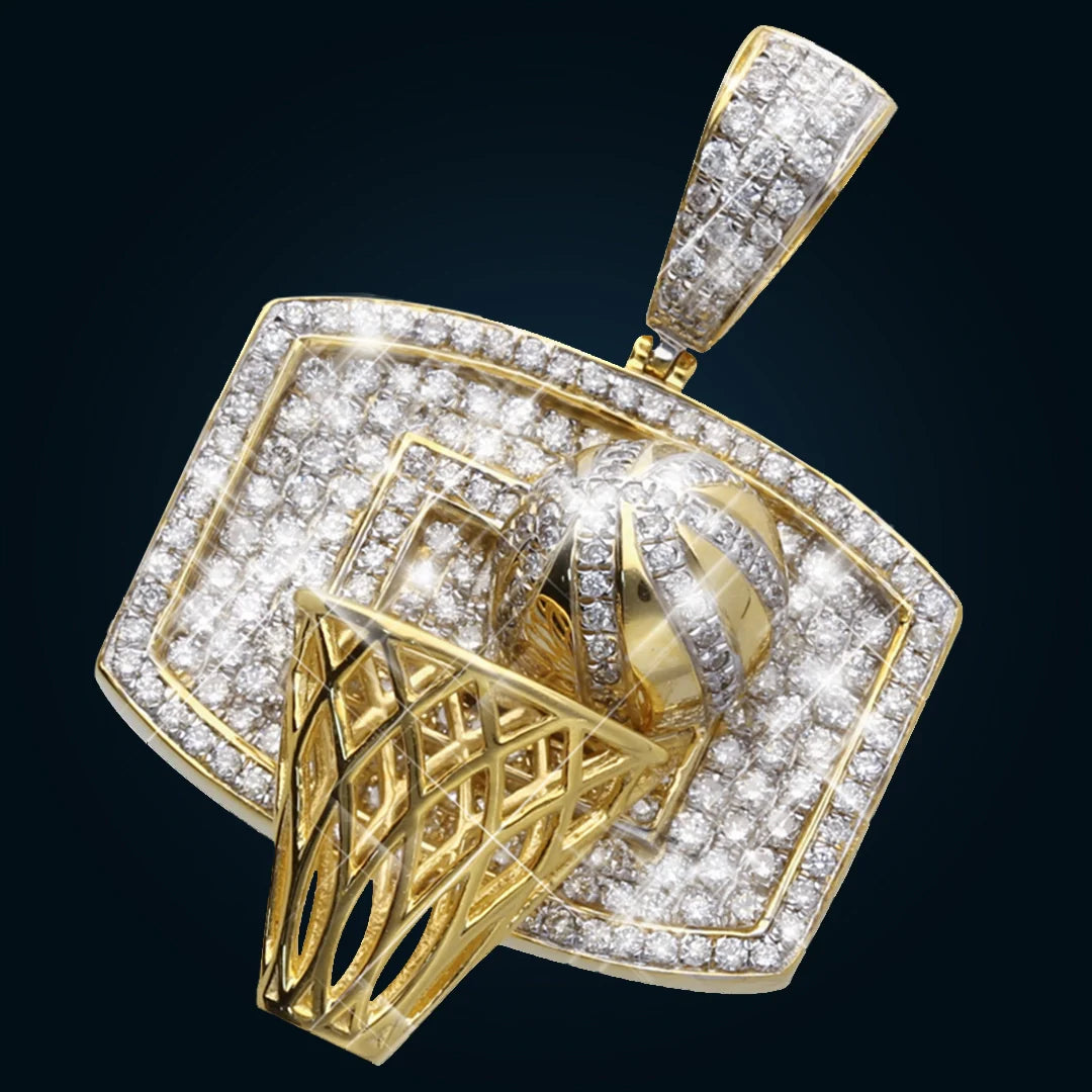 Yellow Gold Basketball Hoop Pendant with Diamonds