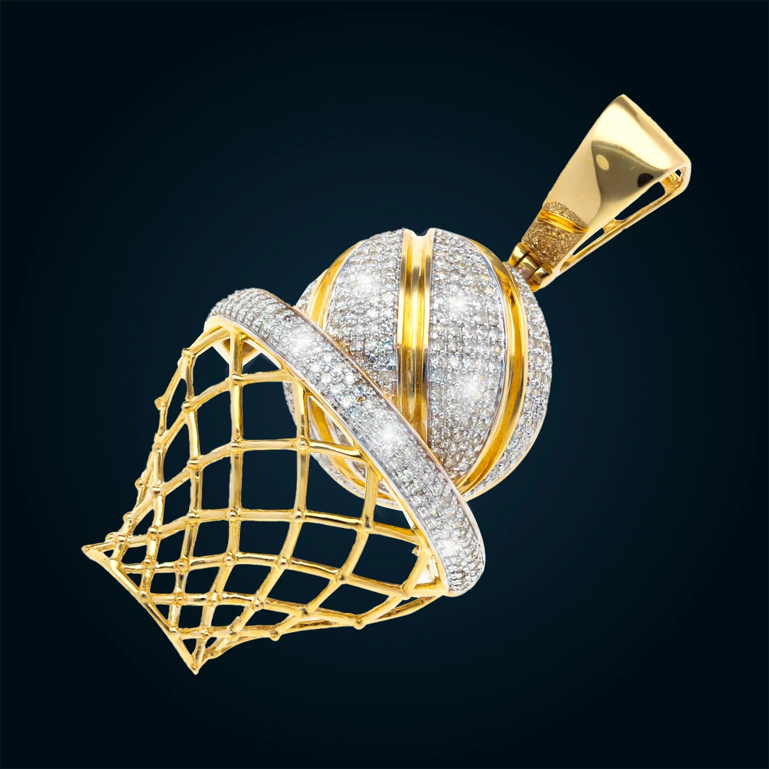 Yellow Gold Basketball Hoop Pendant with Diamonds