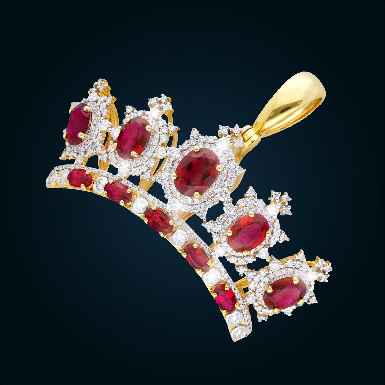 Yellow Gold Crown Pendant with Diamonds and Synthetic Ruby