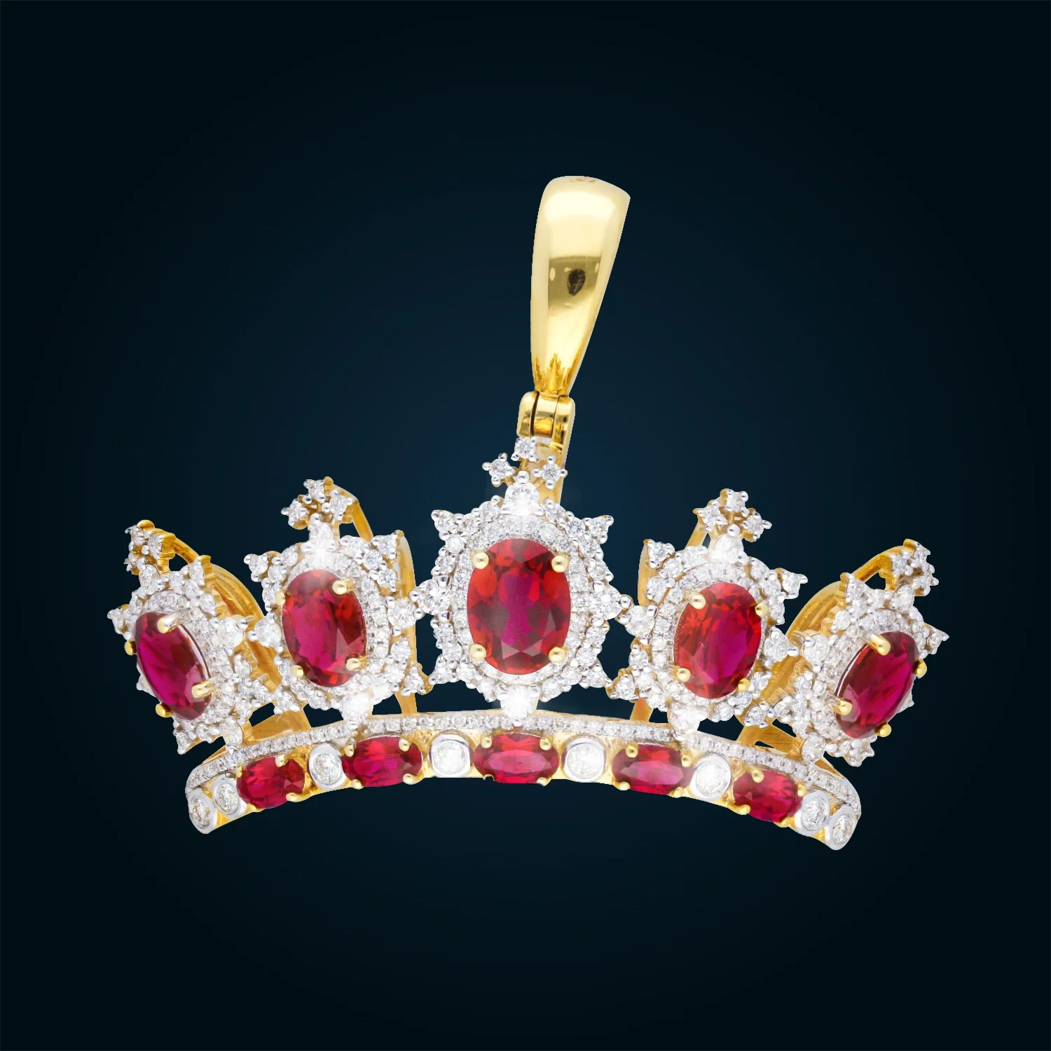 Yellow Gold Crown Pendant with Diamonds and Synthetic Ruby