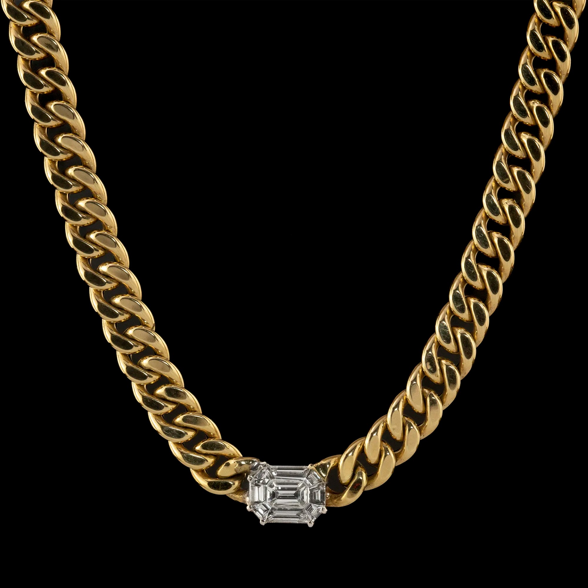 Cadena Cubana de Oro Amarillo con Diamantes Esmeralda 7mm