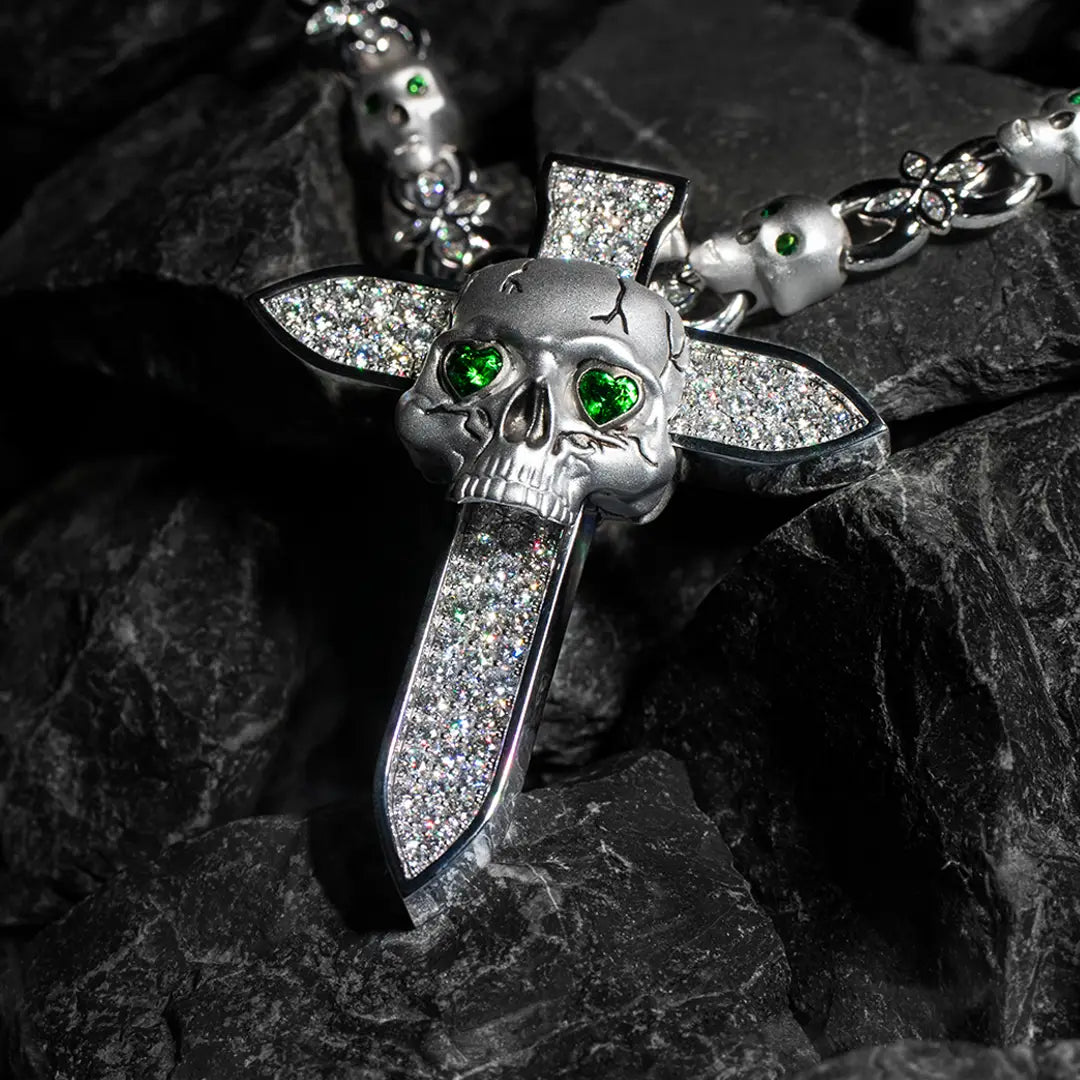 Resurrection Skull Cross Pendant in White Gold with Diamonds and Tsavorites