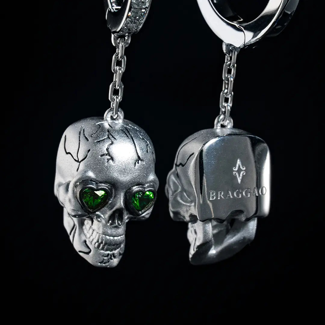 White Gold Resurrection Skull Huggie Earrings with Diamonds and Tsavorites