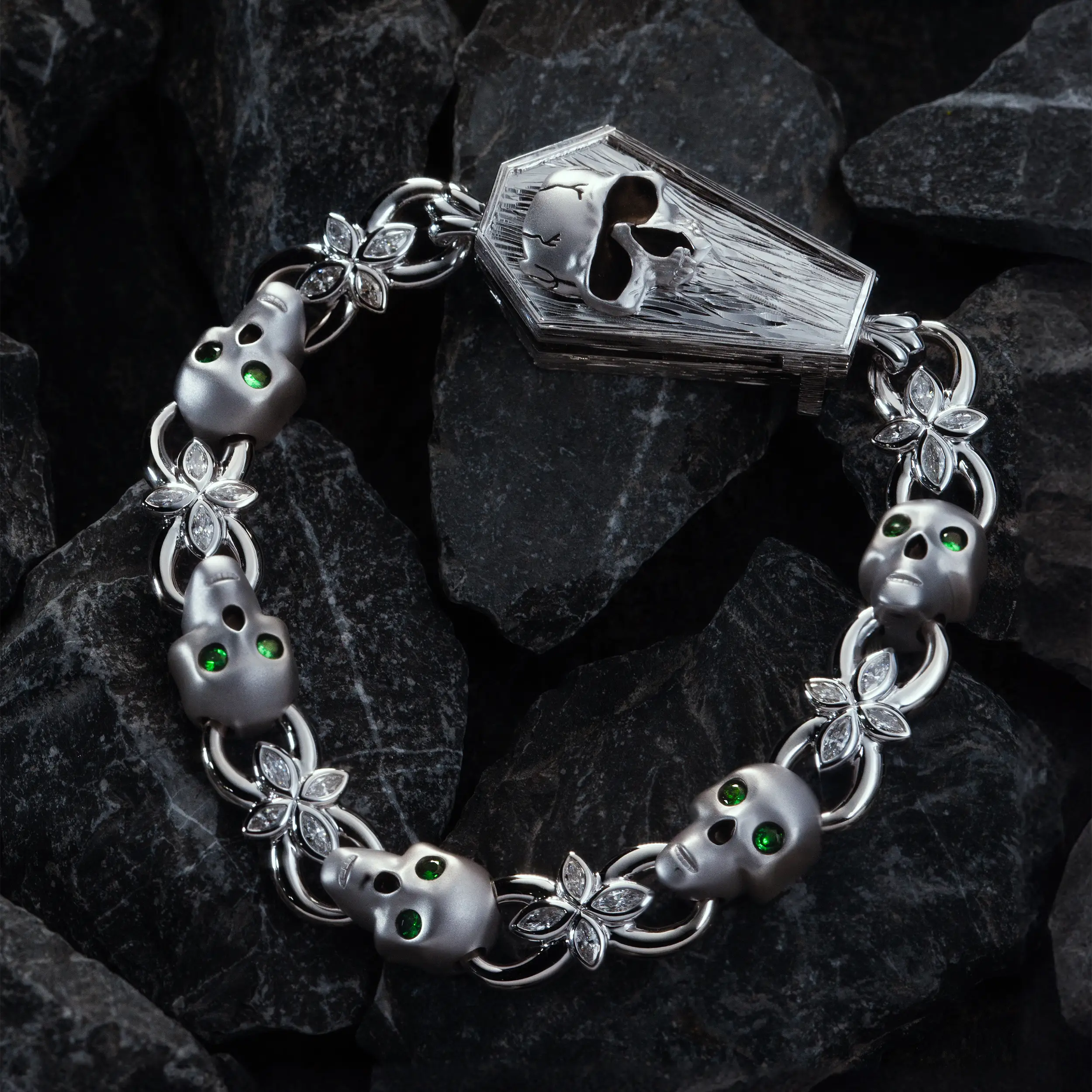 Resurrection Skull Bracelet in White Gold with Diamonds and Tsavorites 10mm