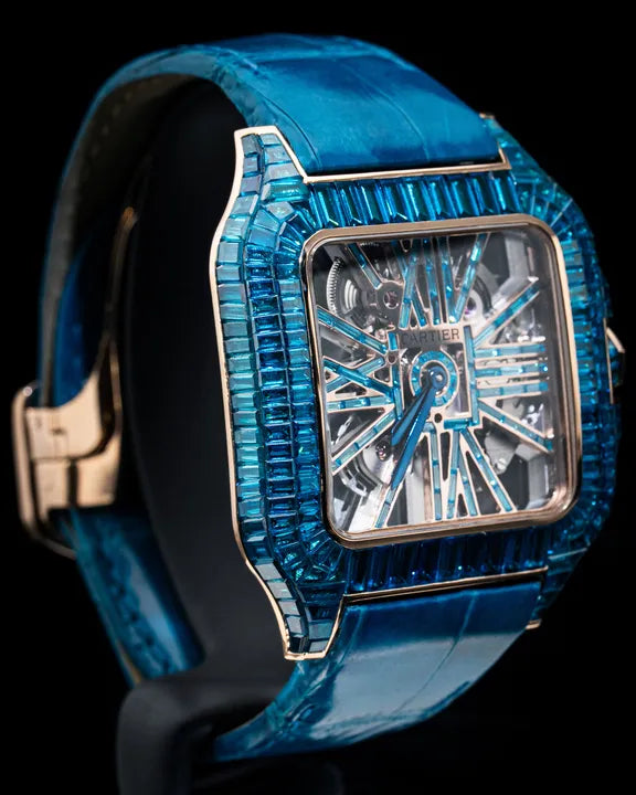 Reloj Cartier Skeleton Oro Rosa 18k con Zafiros Azules Baguette