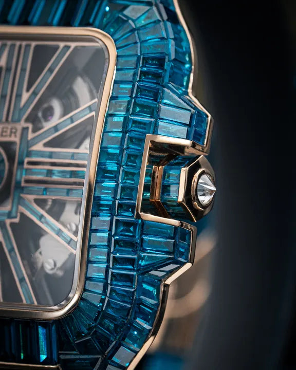 Reloj Cartier Skeleton Oro Rosa 18k con Zafiros Azules Baguette