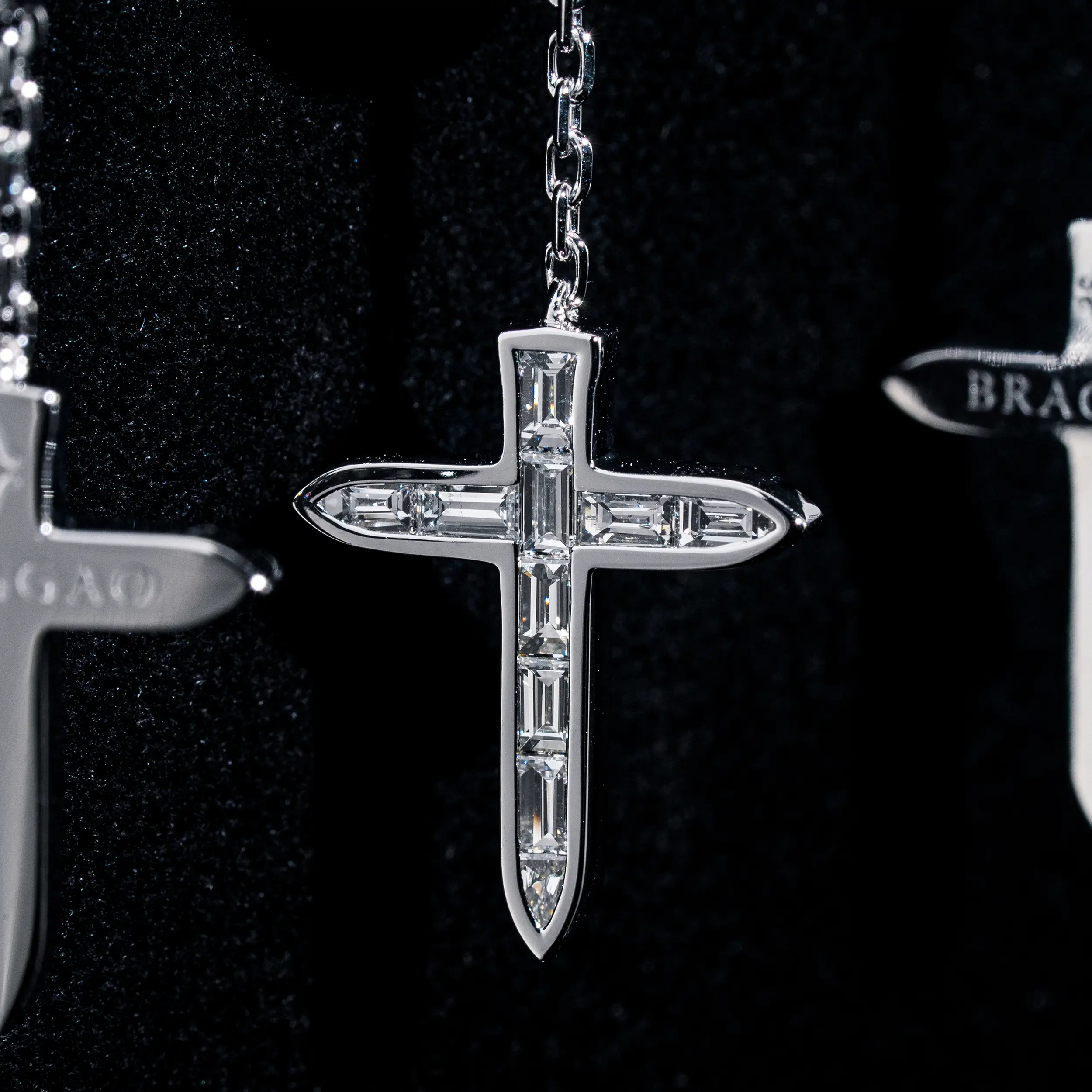 Resurrection Cross Huggie Earrings in White Gold with Baguette-Cut Diamonds